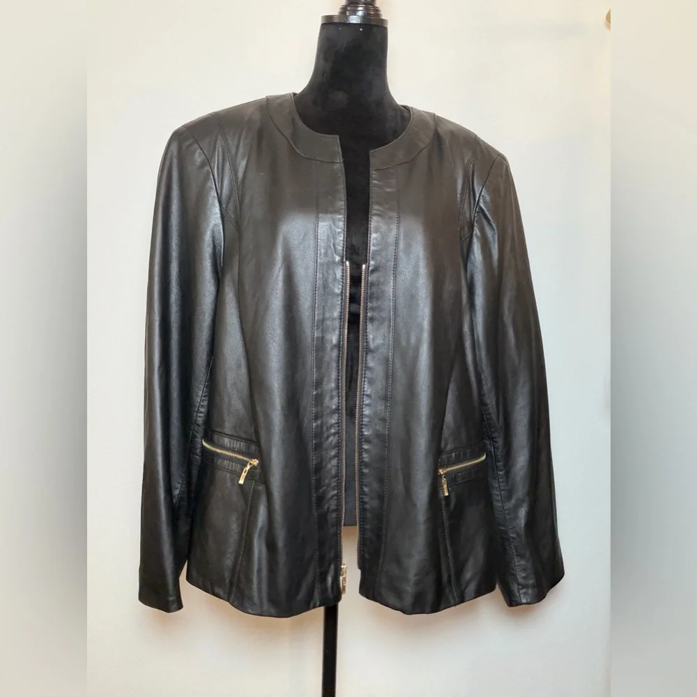 Jones New York Genuine Leather Jacket Black Zip Front Plus Size 3X - Picture 2 of 7